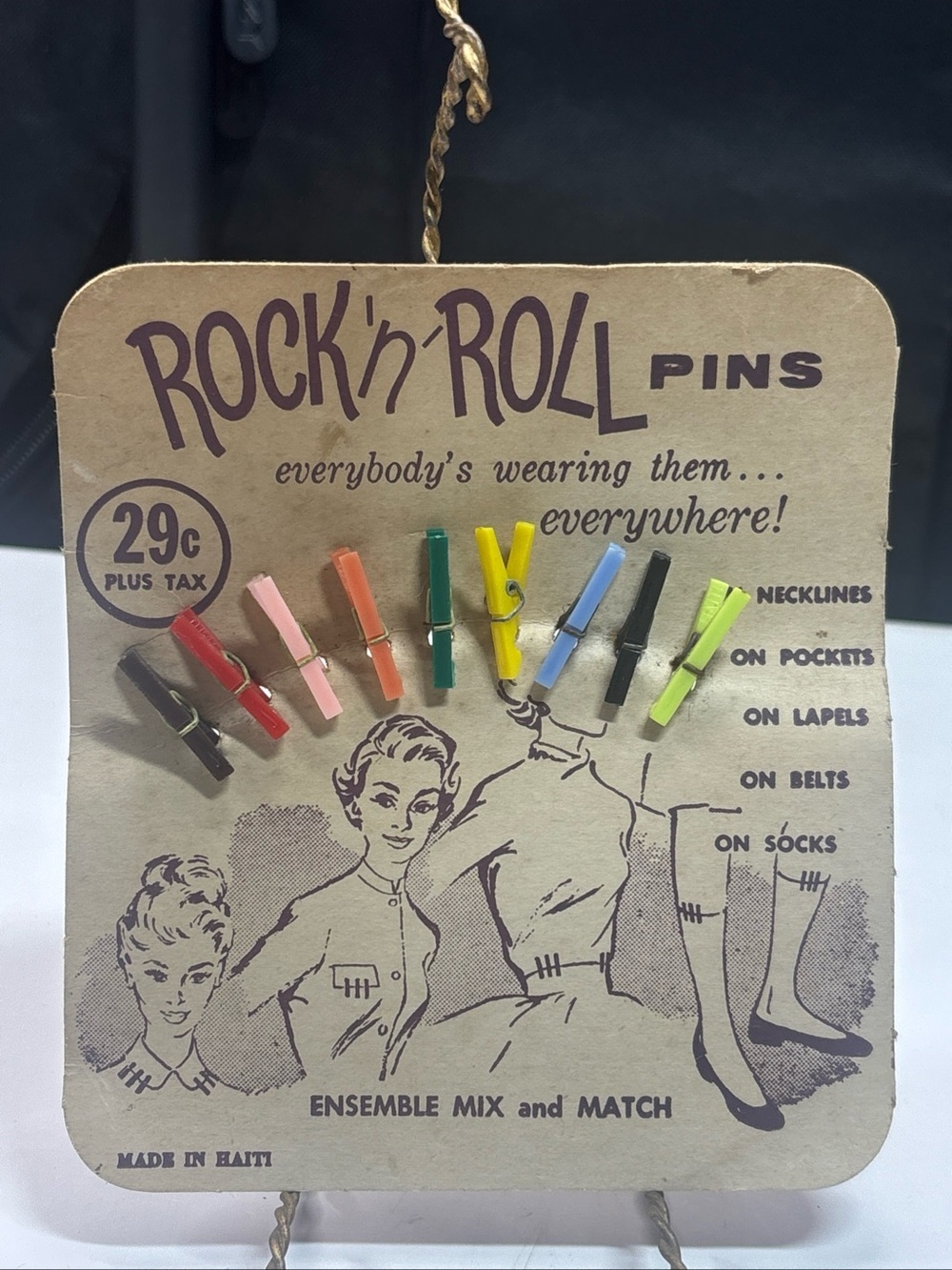 VINTAGE 1950's ROCK 'n ROLL Clothing Pins on Original Card RARE Made in Haiti